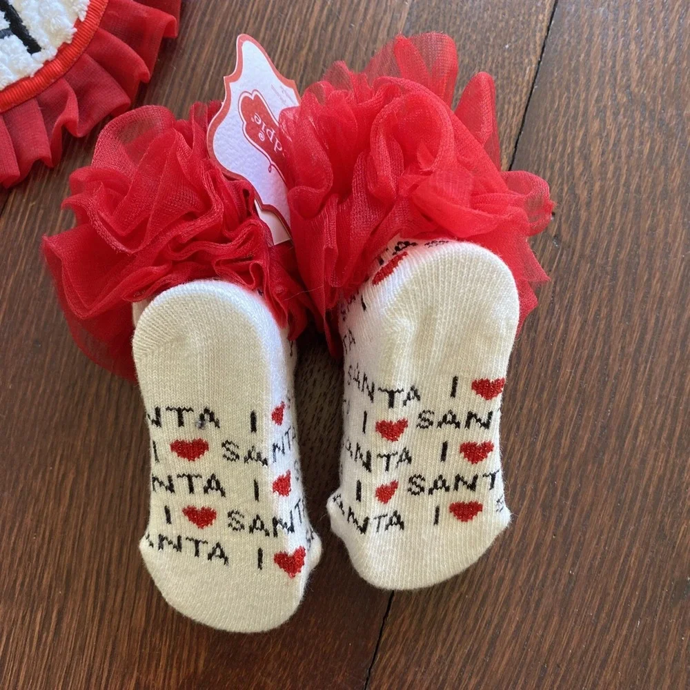 Mud Pie I ❤️ Santa Red And White Plush And Tulle Bib And Socks‎ NEW With Tags